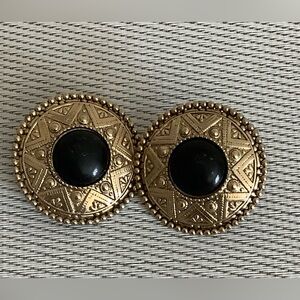 Vintage Gold filled and Black Round Statement Earrings - Women Jewelry